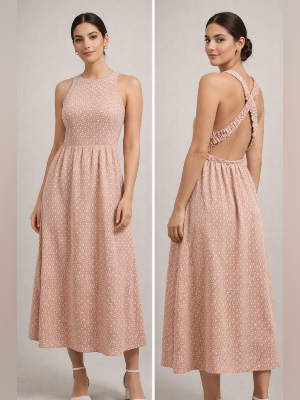 Line & Dot Pink Daisy Embroidered Open Back Midi Dress Size M NWT